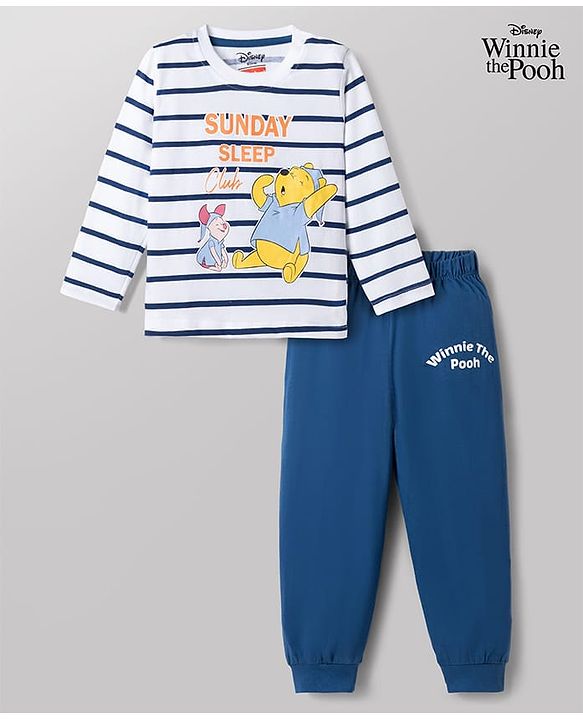 Babyhug Disney Single Jersey Knit Full Sleeves Striped T-Shirt & Pyjama Night Suit with Winnie the Pooh Graphics - White & Blue