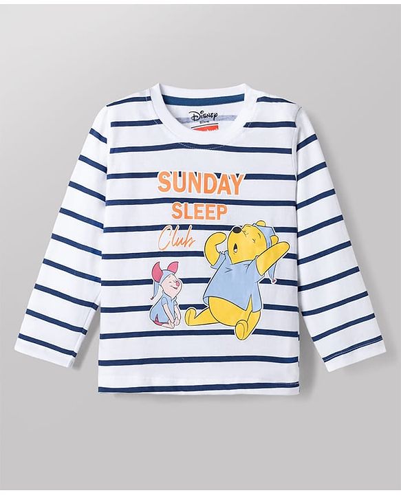 Babyhug Disney Single Jersey Knit Full Sleeves Striped T-Shirt & Pyjama Night Suit with Winnie the Pooh Graphics - White & Blue