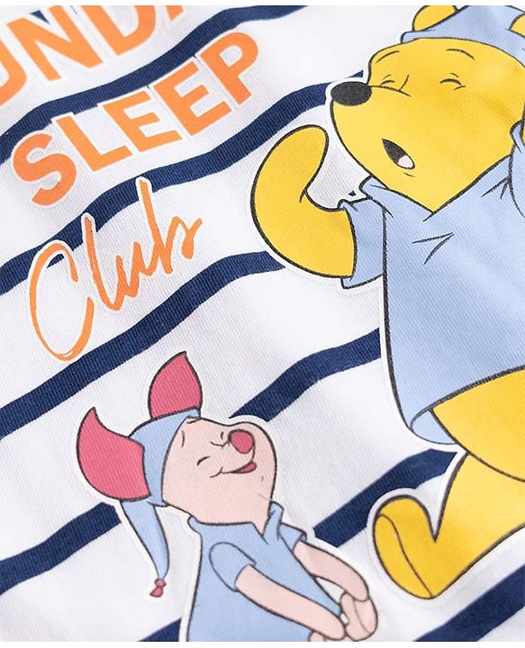 Babyhug Disney Single Jersey Knit Full Sleeves Striped T-Shirt & Pyjama Night Suit with Winnie the Pooh Graphics - White & Blue