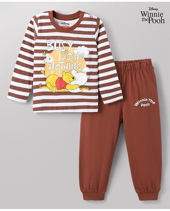 Babyhug Disney Single Jersey Knit Full Sleeves Striped T-Shirt & Pyjama Night Suit with Winnie the Pooh Graphic - Brown