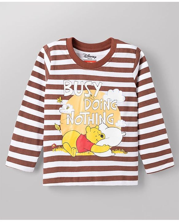 Babyhug Disney Single Jersey Knit Full Sleeves Striped T-Shirt & Pyjama Night Suit with Winnie the Pooh Graphic - Brown