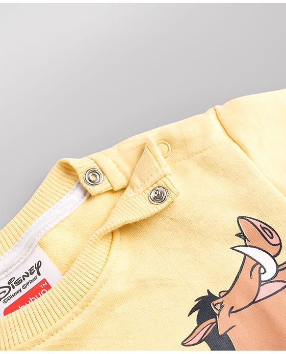 Babyhug Disney Terry Knit Fell Sleeves Sweatshirt and Joggers Set With Simba Timon and Pumbaa Print - Yellow
