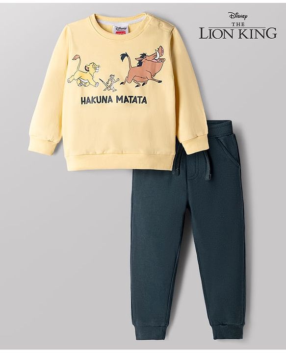 Babyhug Disney Terry Knit Fell Sleeves Sweatshirt and Joggers Set With Simba Timon and Pumbaa Print - Yellow