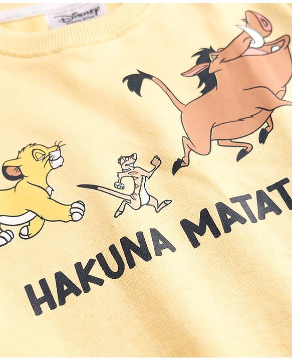 Babyhug Disney Terry Knit Fell Sleeves Sweatshirt and Joggers Set With Simba Timon and Pumbaa Print - Yellow