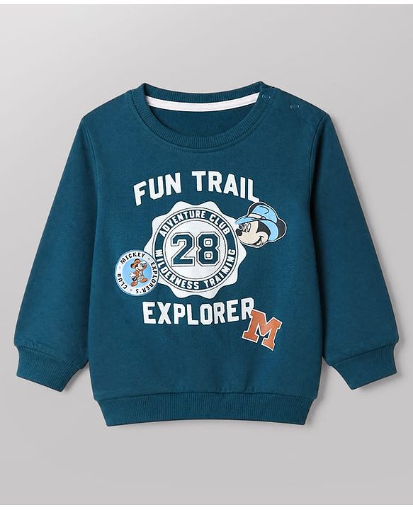 Babyhug Disney Terry Knit Full Sleeves Sweatshirt & Joggers Set with Mickey Mouse Graphic - Teal Blue