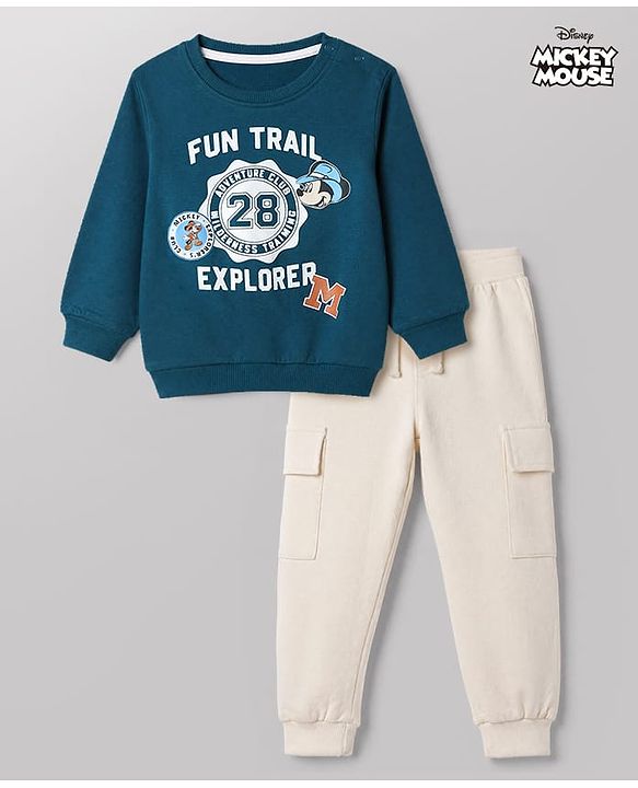 Babyhug Disney Terry Knit Full Sleeves Sweatshirt & Joggers Set with Mickey Mouse Graphic - Teal Blue