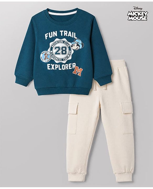 Babyhug Disney Terry Knit Full Sleeves Sweatshirt & Joggers Set with Mickey Mouse Graphic - Teal Blue