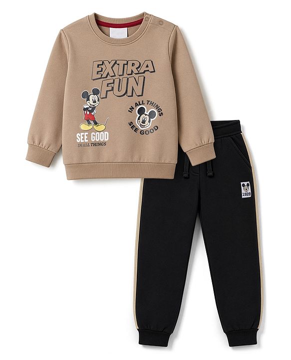 Babyhug Disney Terry Knit Full Sleeves Sweatshirt & Joggers Set With Mickey Mouse Graphic - Tan
