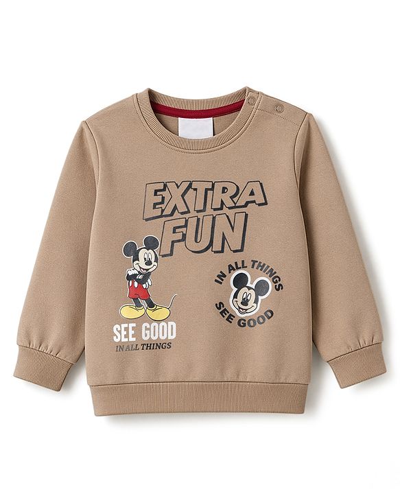 Babyhug Disney Terry Knit Full Sleeves Sweatshirt & Joggers Set With Mickey Mouse Graphic - Tan