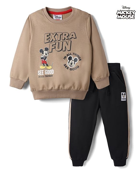 Babyhug Disney Terry Knit Full Sleeves Sweatshirt & Joggers Set With Mickey Mouse Graphic - Tan