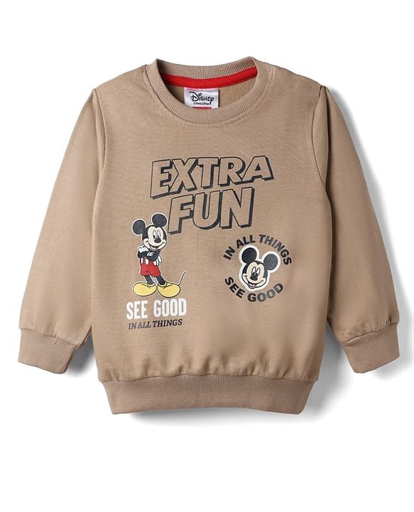 Babyhug Disney Terry Knit Full Sleeves Sweatshirt & Joggers Set With Mickey Mouse Graphic - Tan