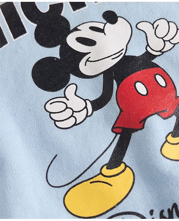Babyhug Disney 100% Cotton Knit Full Sleeves Sweatshirt & Trackpant Winter Wear Suit With Mickey Mouse Graphics - Light Blue