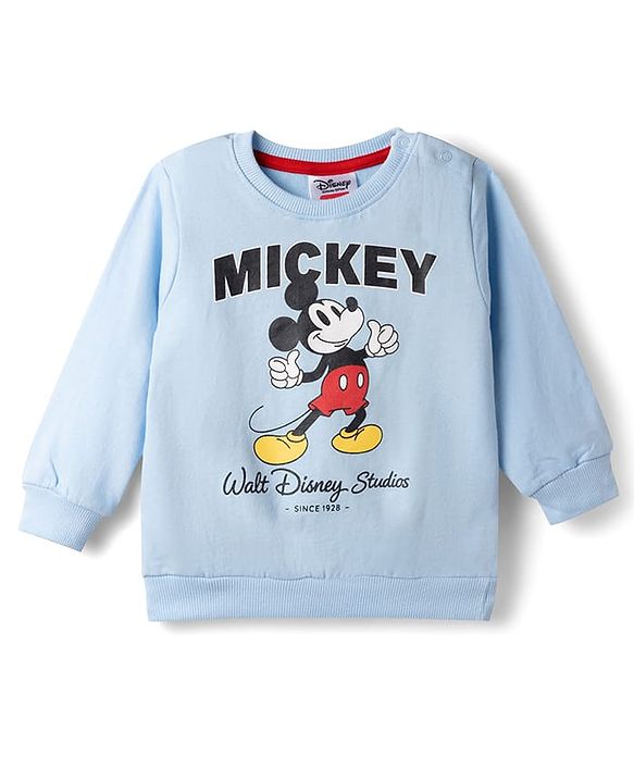 Babyhug Disney 100% Cotton Knit Full Sleeves Sweatshirt & Trackpant Winter Wear Suit With Mickey Mouse Graphics - Light Blue