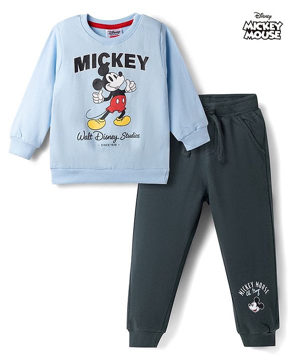 Babyhug Disney 100% Cotton Knit Full Sleeves Sweatshirt & Trackpant Winter Wear Suit With Mickey Mouse Graphics - Light Blue