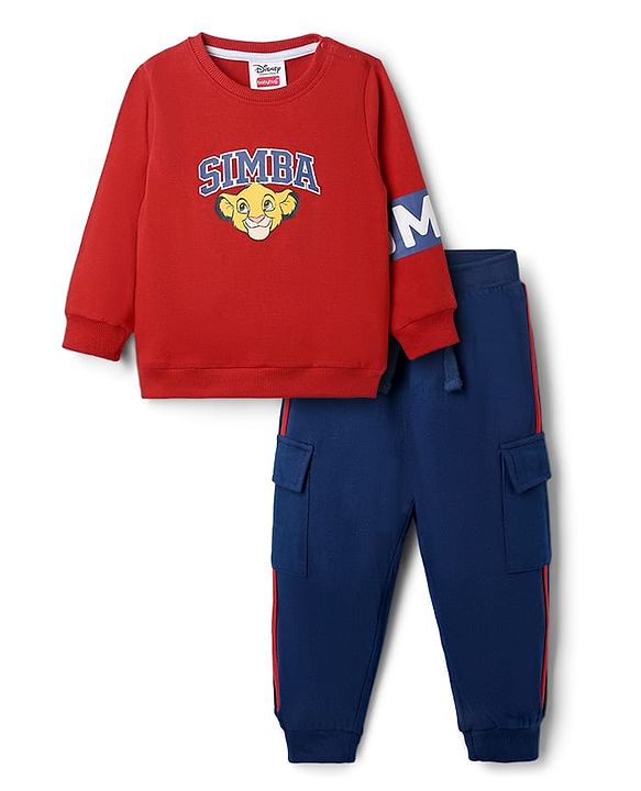 Babyhug Disney Terry Knit Full Sleeves Sweatshirt & Joggers Set with Simba & Friends Graphic at Front & Back - Red & Navy Blue
