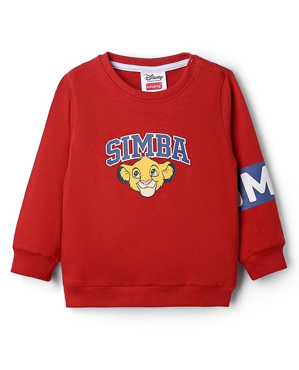 Babyhug Disney Terry Knit Full Sleeves Sweatshirt & Joggers Set with Simba & Friends Graphic at Front & Back - Red & Navy Blue