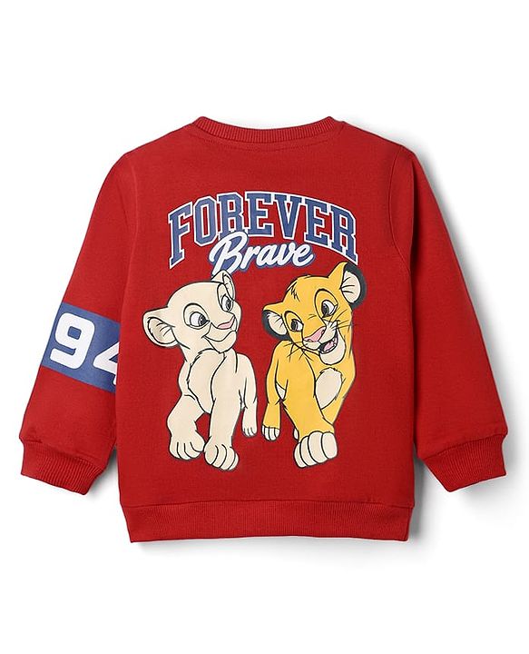 Babyhug Disney Terry Knit Full Sleeves Sweatshirt & Joggers Set with Simba & Friends Graphic at Front & Back - Red & Navy Blue