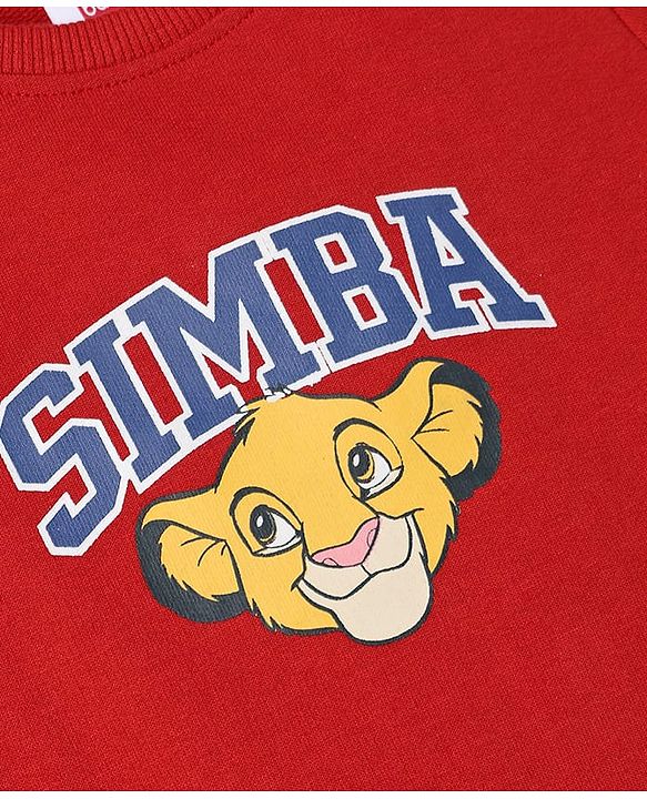 Babyhug Disney Terry Knit Full Sleeves Sweatshirt & Joggers Set with Simba & Friends Graphic at Front & Back - Red & Navy Blue