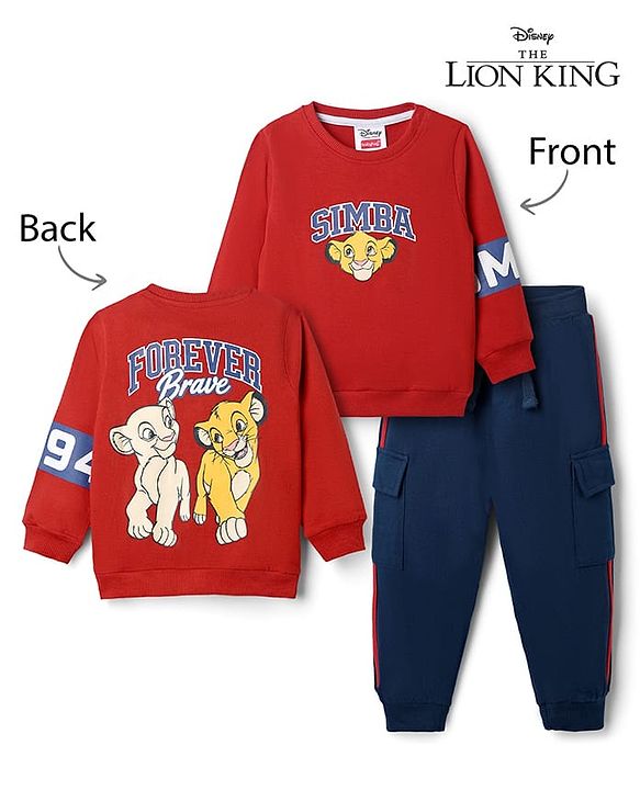 Babyhug Disney Terry Knit Full Sleeves Sweatshirt & Joggers Set with Simba & Friends Graphic at Front & Back - Red & Navy Blue