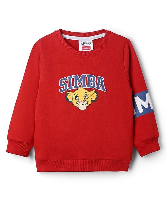 Babyhug Disney Terry Knit Full Sleeves Sweatshirt & Joggers Set with Simba & Friends Graphic at Front & Back - Red & Navy Blue