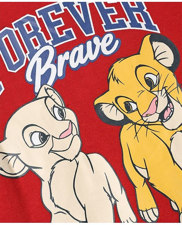 Babyhug Disney Terry Knit Full Sleeves Sweatshirt & Joggers Set with Simba & Friends Graphic at Front & Back - Red & Navy Blue