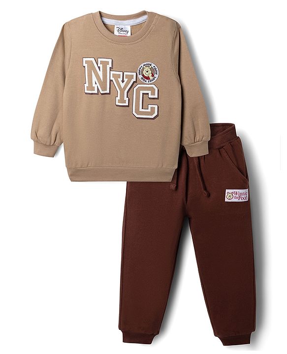Babyhug Disney Single Jersey Knit Full Sleeves T-shirt and Joggers With Winnie the Pooh Graphic - Brown