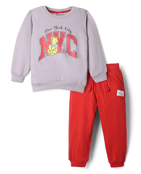 Babyhug Disney Terry Knit Full Sleeves Sweatshirt & Trackpants with Winnie The Pooh Graphic - Lavender & Red