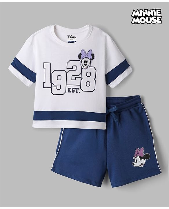 Pine Kids Disney Terry Knit Half Sleeves T-shirt and Shorts With Minnie Mouse Graphic - Navy