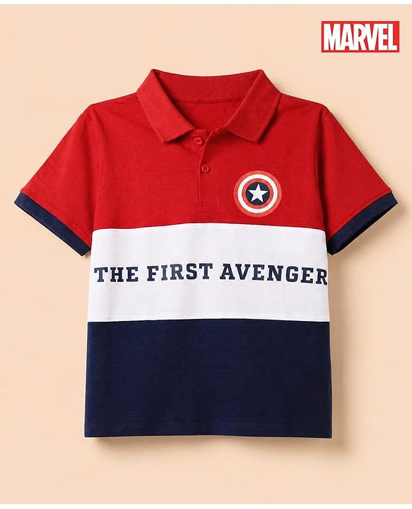 Pine Kids Marvel 100% Cotton Knit Polo T-Shirt with Half Sleeves and Shield Print - Red