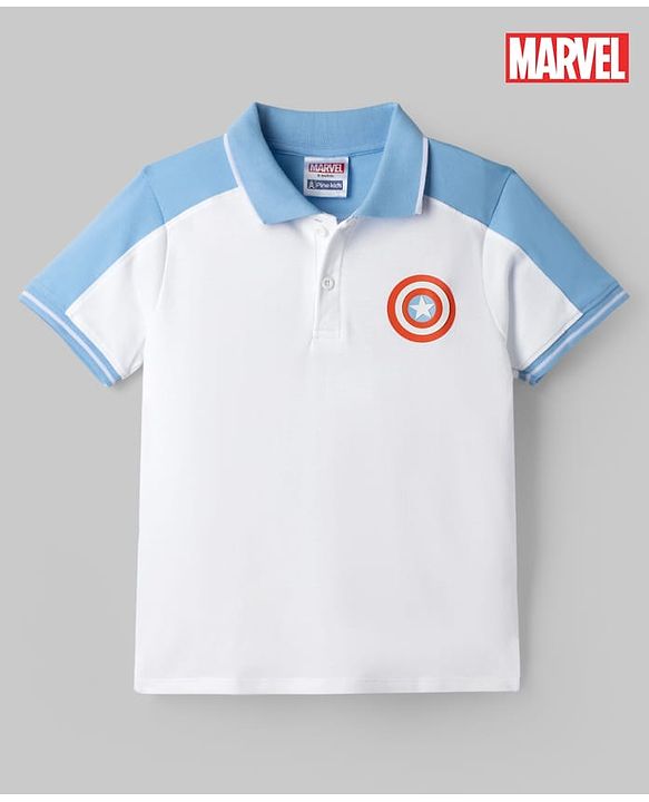 Pine Kids Marvel Cotton Knit Pique Polo T-Shirt with Half Sleeves and Captain America Print - White