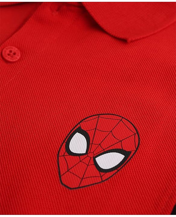 Pine Kids 100% Cotton Knit Regular Half Sleeves Collar T-shirt With Spiderman Text Print - Red