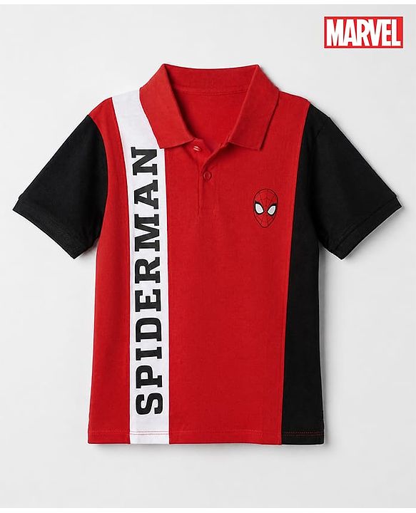 Pine Kids 100% Cotton Knit Regular Half Sleeves Collar T-shirt With Spiderman Text Print - Red