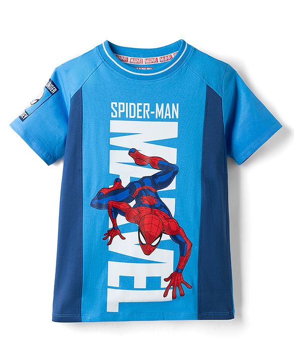 Pine Kids Marvel 100% Cotton Single Jersey Knit T-Shirt with Raglan Half Sleeves and Spider Man Graphic Print - Blue