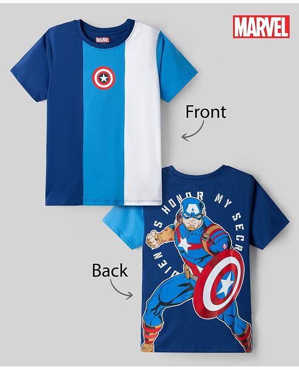 Pine Kids Marvel Single Jersey Knit T-Shirt with Half Sleeves and Front & Back Captain America Print - Blue