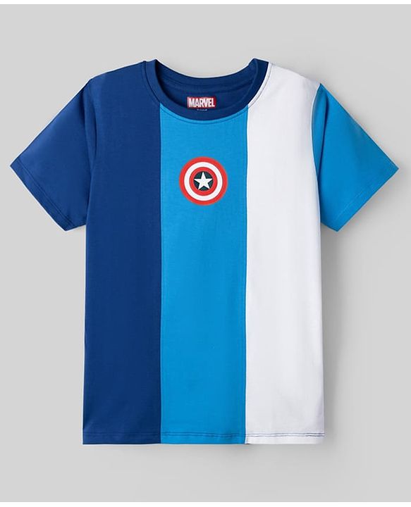 Pine Kids Marvel Single Jersey Knit T-Shirt with Half Sleeves and Front & Back Captain America Print - Blue