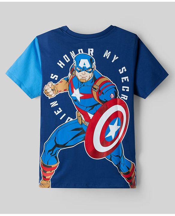 Pine Kids Marvel Single Jersey Knit T-Shirt with Half Sleeves and Front & Back Captain America Print - Blue