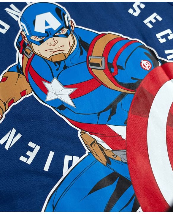 Pine Kids Marvel Single Jersey Knit T-Shirt with Half Sleeves and Front & Back Captain America Print - Blue