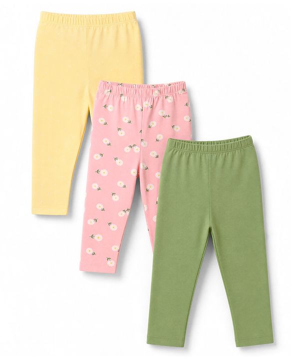 Babyhug Cotton Lycra Knit Full Length Solid & Floral Printed Leggings Pack Of 3 - Pink Green & Yellow