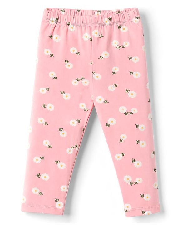 Babyhug Cotton Lycra Knit Full Length Solid & Floral Printed Leggings Pack Of 3 - Pink Green & Yellow