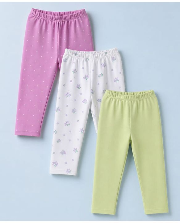 Babyhug Cotton Lycra Knit Full Length Polka Dots & Floral Printed Leggings Pack of 3 - Purple White & Light Green