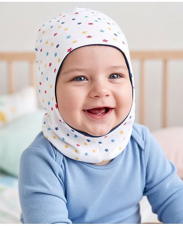Babyhug Cotton Knit Reversible Monkey Cap With Star Design White - Diameter 14.5 cm