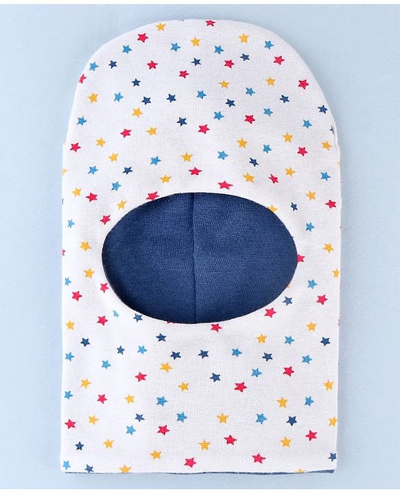 Babyhug Cotton Knit Reversible Monkey Cap With Star Design White - Diameter 14.5 cm