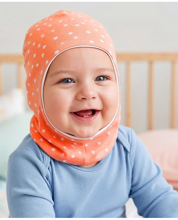 Babyhug Cotton Knit Reversible Monkey Cap With Star Design Light Peach - Diameter 14.5 cm