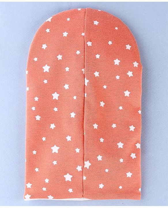 Babyhug Cotton Knit Reversible Monkey Cap With Star Design Light Peach - Diameter 14.5 cm