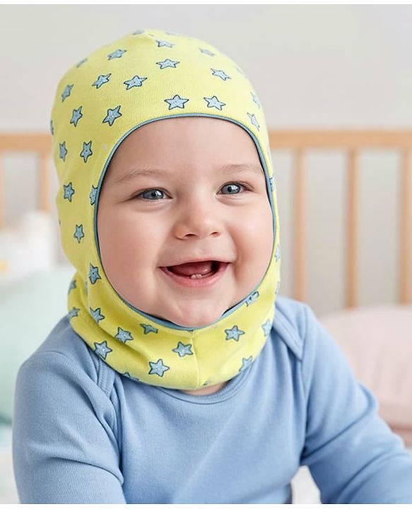 Babyhug Cotton Knit Reversible Monkey Cap With Star Design Light Blue - Diameter 14.5 cm