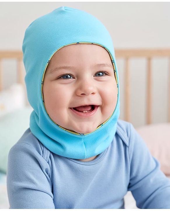 Babyhug Cotton Knit Reversible Monkey Cap With Star Design Light Blue - Diameter 14.5 cm