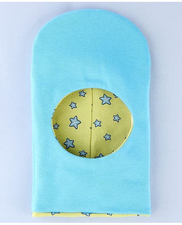 Babyhug Cotton Knit Reversible Monkey Cap With Star Design Light Blue - Diameter 14.5 cm