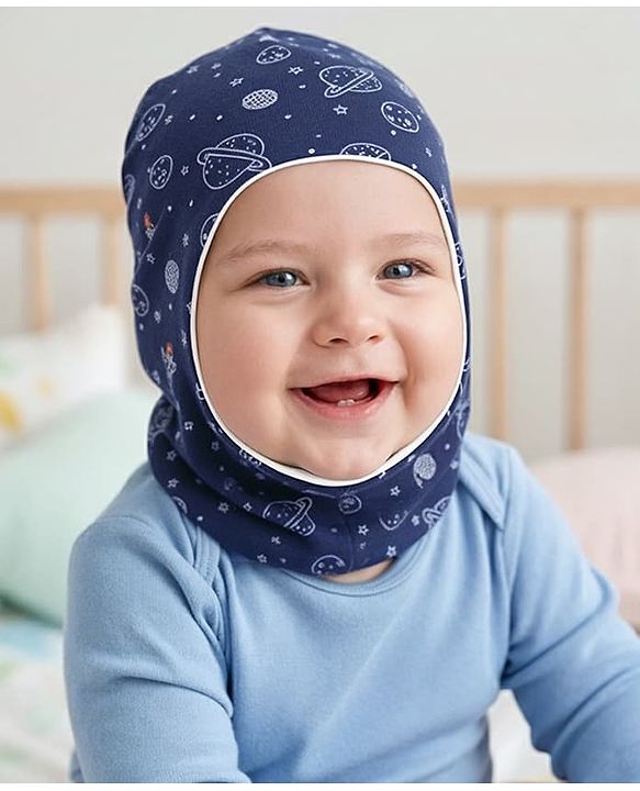 Babyhug Cotton Knit Reversible Monkey Cap With Star Design Navy Blue - Diameter 14.5 cm