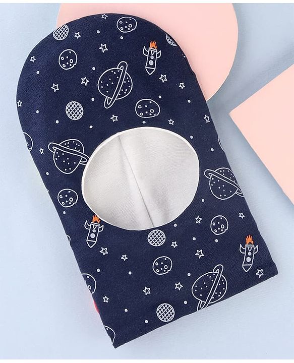 Babyhug Cotton Knit Reversible Monkey Cap With Star Design Navy Blue - Diameter 14.5 cm