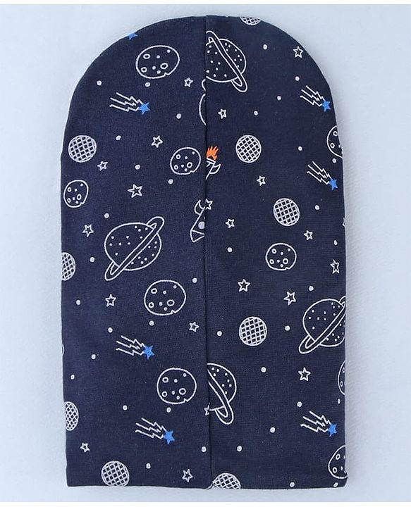 Babyhug Cotton Knit Reversible Monkey Cap With Star Design Navy Blue - Diameter 14.5 cm